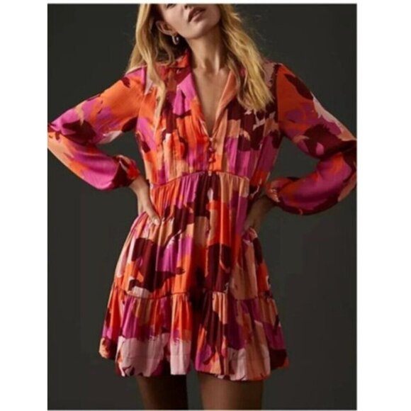 Anthropologie Maeve Horse Print Mini Dress Pink Tiered Long Sleeve Equestrian S - Picture 4 of 14